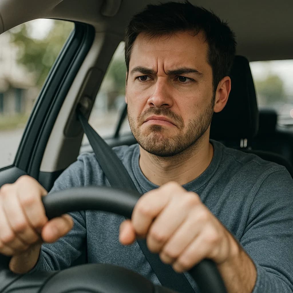 Frustrated man with furrowed brow gripping steering wheel while driving