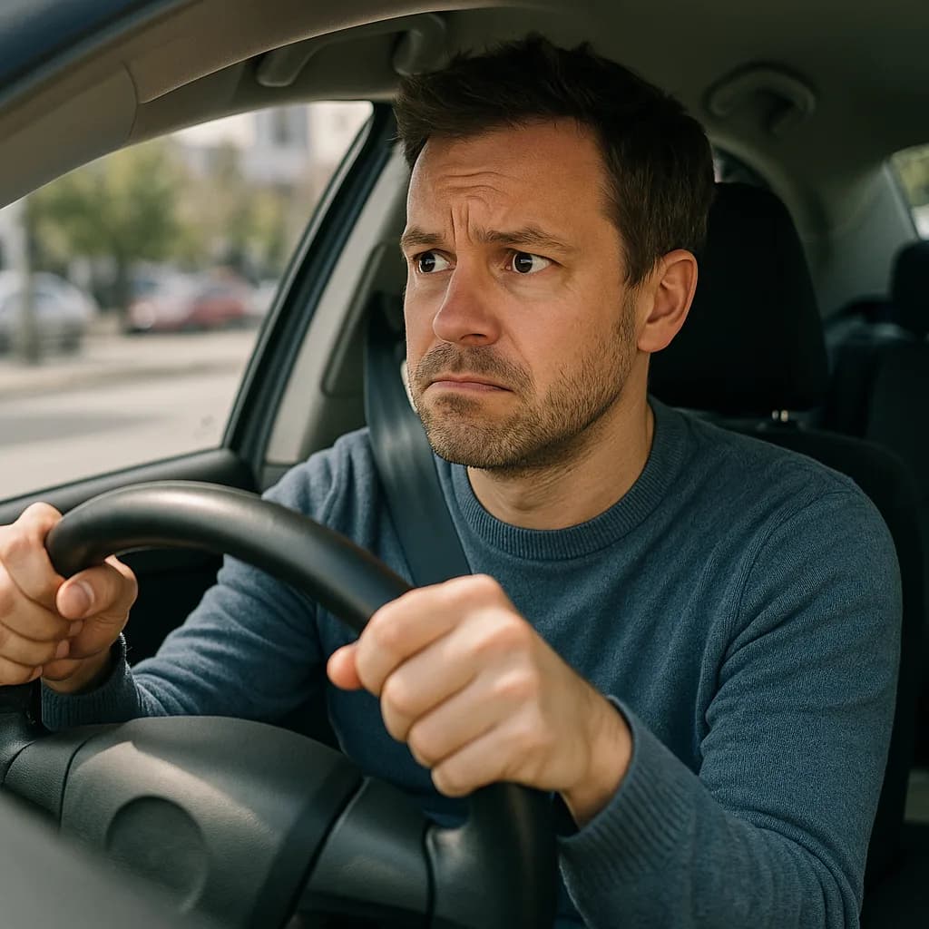 Frustrated man pointing finger while driving, showing road rage expression in car